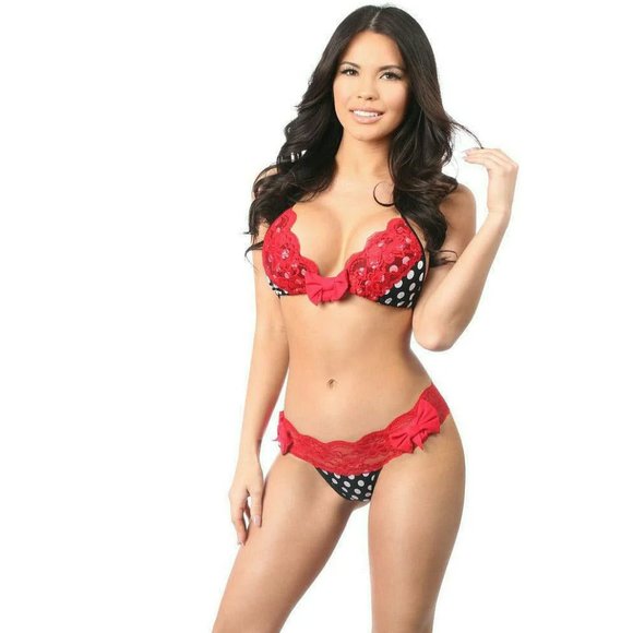 Daisy Beachwear Other - Black/White Polka Dot Pucker Back Bikini w/Lace Trim